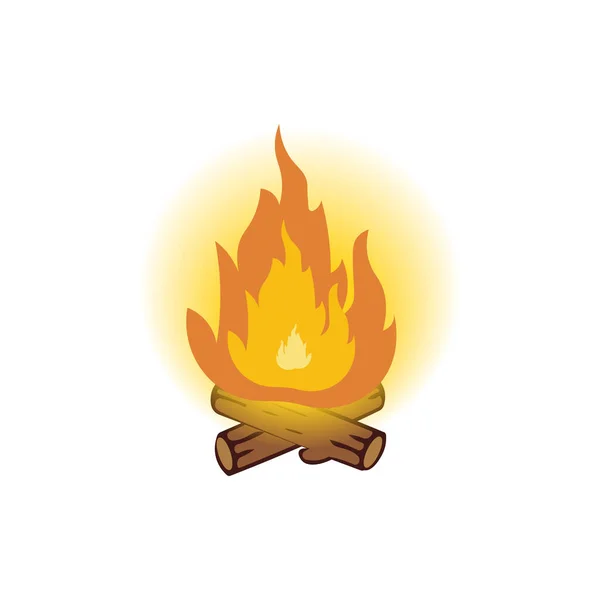 Campfire vector icon illustration isolated on white. Crossed logs and fire flame in cartoon style. Bonfire vector icon — Stock Vector