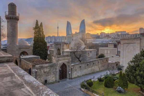 Vista Panorámica Ciudad Bakú Capital Azerbaiyán Atardecer — Foto de Stock