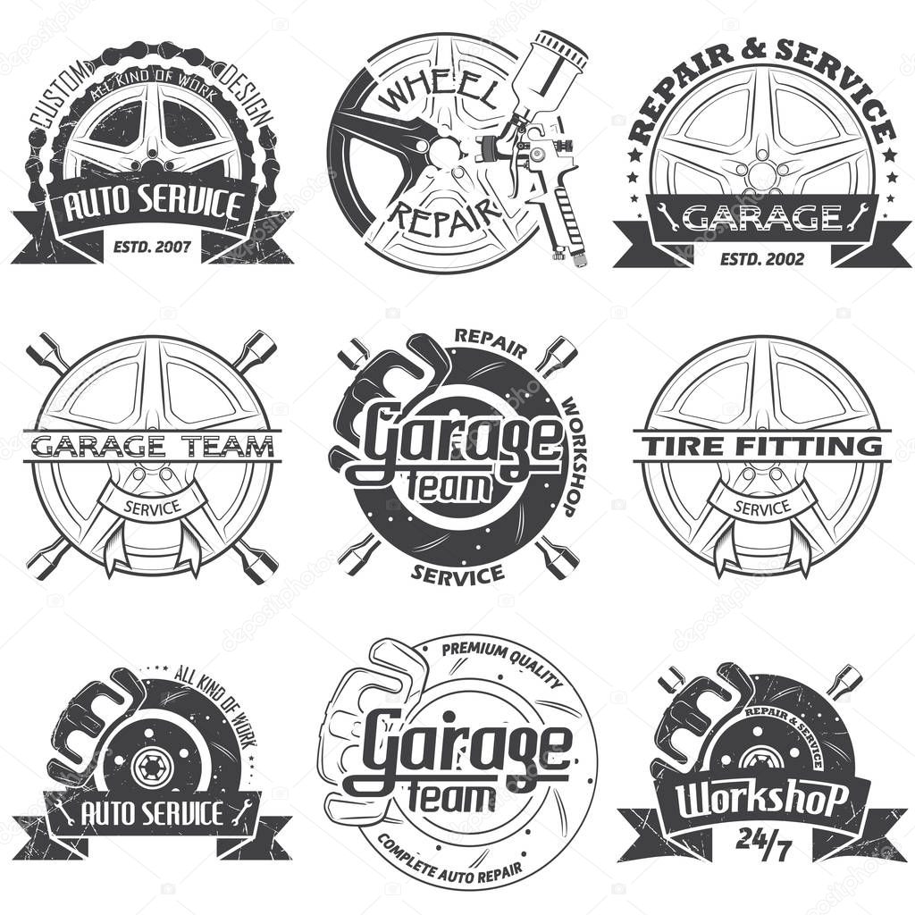 Set of nine garage team logo isolated on white background, vector