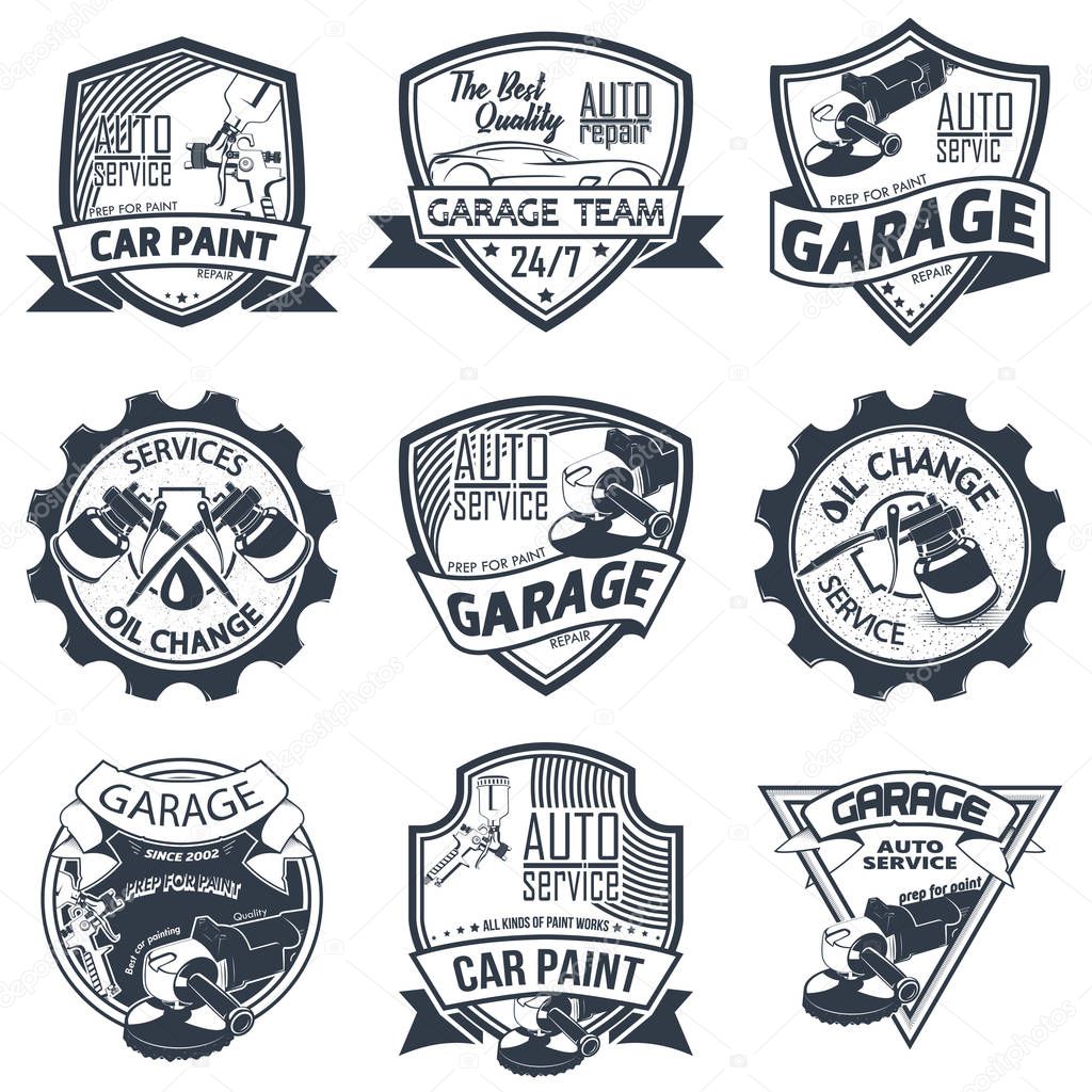 Set of nine auto repair logo isolated on white background, vector