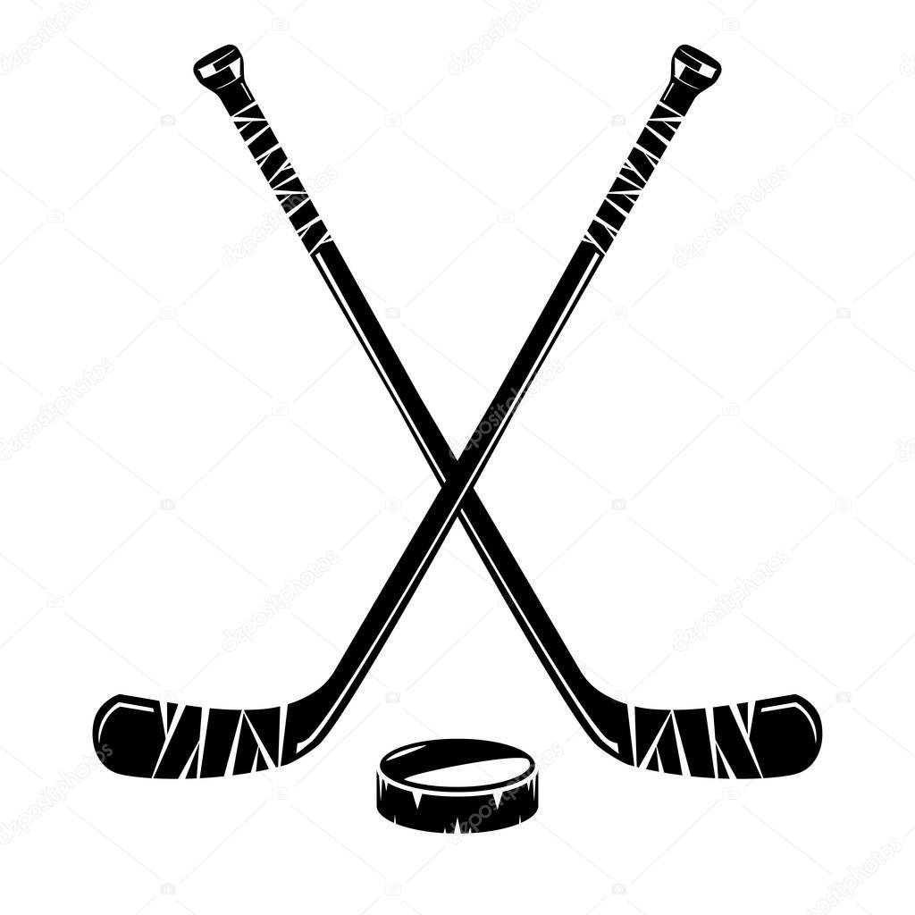 Isolated hockey sticks and puck on white background, monochrome style, vector