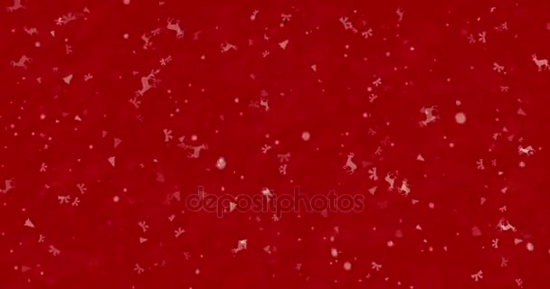 Feliz texto de Natal em grego formado a partir de poeira e se transforma em poeira horizontalmente no fundo animado vermelho — Vídeo de Stock