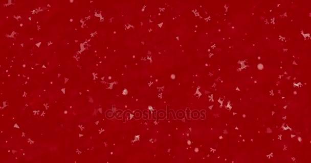 Buon Natale testo in russo formato da polvere e si trasforma in polvere orizzontalmente su sfondo rosso animato — Video Stock