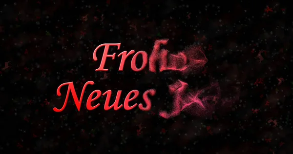 Texto de Feliz Ano Novo em alemão "Frohes neues Jahr" transforma-se em pó a partir do fundo preto — Fotografia de Stock