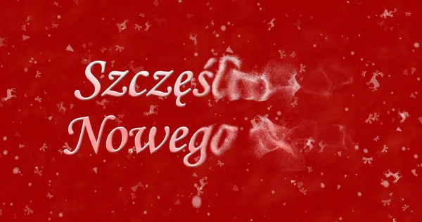 Feliz Ano Novo texto em polonês "Szczesliwego Nowego Roku" transforma-se em pó a partir do fundo vermelho — Fotografia de Stock