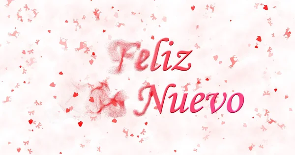 Happy New Year text in Spanish "Feliz ano nuevo" turns to dust from left on white background — Stock Photo, Image