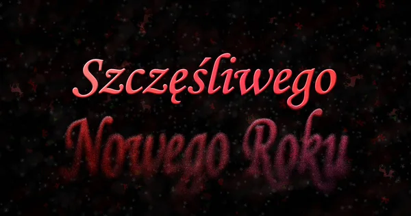 Feliz Ano Novo texto em polonês "Szczesliwego Nowego Roku" transforma-se em pó de baixo no fundo preto — Fotografia de Stock