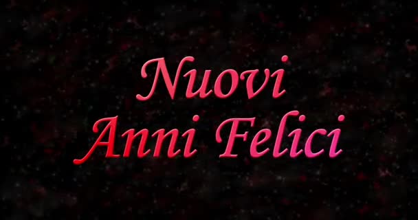 Mutlu yeni yıl metin İtalyanca "Nuovi anni felici" oluşan toz ve döner yatay üzerinde toz siyah animasyonlu arka plan — Stok video
