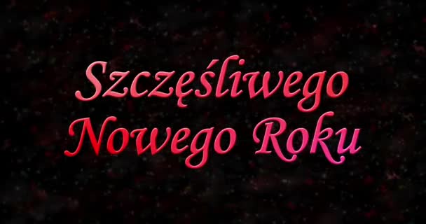 Testo felice anno nuovo in polacco "Szczesliwego Nowego Roku" formato da polvere e si trasforma in polvere orizzontalmente su sfondo animato nero — Video Stock