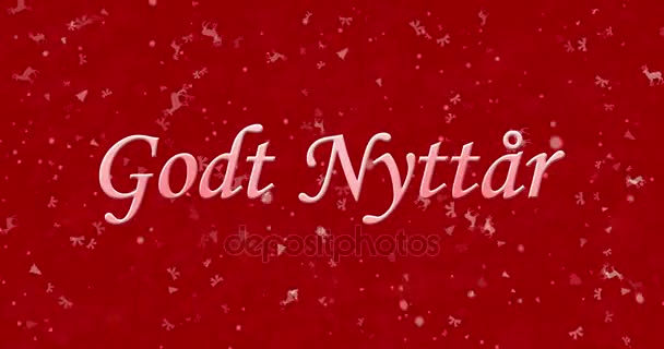 Gelukkig Nieuwjaar tekst in het Noors "Godt nyttar" gevormd uit stof en bochten om stof horizontaal op rode geanimeerde achtergrond — Stockvideo