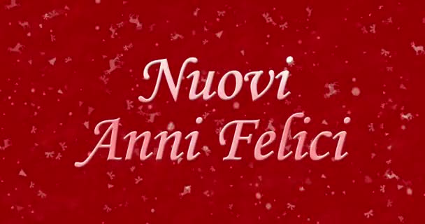 Happy New Year text dalam bahasa Italia "Nuovi anni felici" dibentuk dari debu dan berubah menjadi debu horizontal pada latar belakang animasi merah — Stok Video