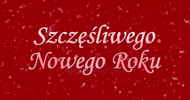 Feliz Año Nuevo texto en polaco "Szczesliwego Nowego Roku" formado a partir de polvo y se convierte en polvo horizontalmente sobre fondo animado rojo — Vídeos de Stock