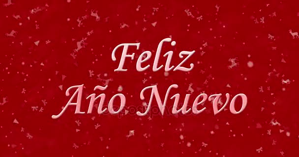 Feliz Año Nuevo texto en español "Feliz ano nuevo" formado a partir de polvo y se convierte en polvo horizontalmente sobre fondo rojo animado — Vídeo de stock