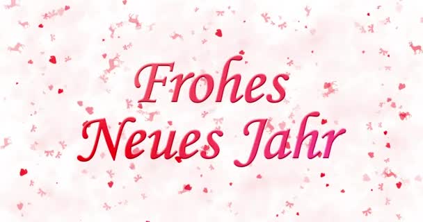 Feliz Año Nuevo texto en alemán "Frohes neues Jahr" formado a partir de polvo y se convierte en polvo horizontalmente sobre fondo animado blanco — Vídeos de Stock