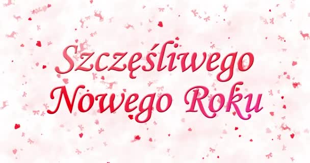 С Новым годом текст на польском языке "Щесливого Нового Року" формируется из пыли и превращается в пыль горизонтально на белом анимированном фоне — стоковое видео