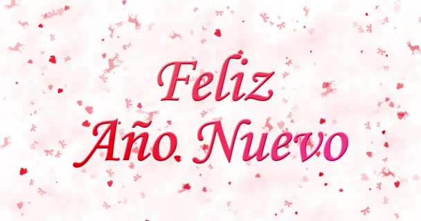 Feliz Ano Novo texto em espanhol "Feliz ano nuevo" formado a partir de poeira e se transforma em pó horizontalmente sobre fundo animado branco — Vídeo de Stock