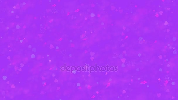Feliz día de San Valentín texto en francés "Joyeuse San Valentín" formado a partir del polvo y se convierte en polvo horizontalmentesobre fondo púrpura — Vídeos de Stock