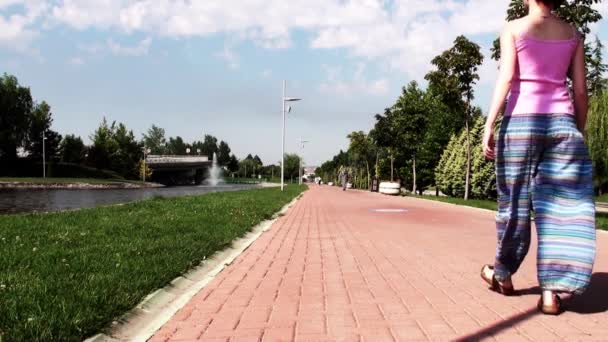 Persone che camminano in un parco vicino allo stagno in una giornata di sole — Video Stock