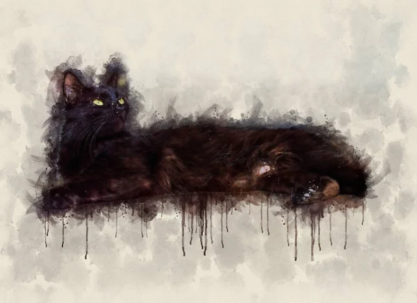 Ilustración Acuarela Hermoso Gato Negro Joven Con Ojos Verdes Tumbados — Foto de Stock