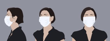 Tıbbi maske takan genç bir kadının gerçekçi bir tasviri.