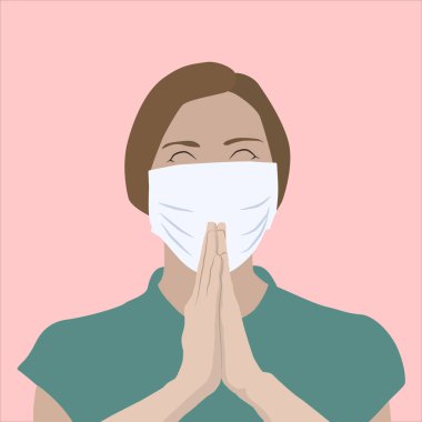 Tedavi için dua eden, tıbbi maske takan genç bir kadının gerçekçi bir çizimi.