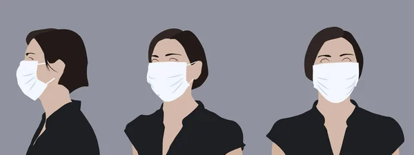 Ρεαλιστική Απεικόνιση Μιας Νεαρής Γυναίκας Ιατρική Μάσκα Πλαϊνή Και Μπροστινή — Διανυσματικό Αρχείο
