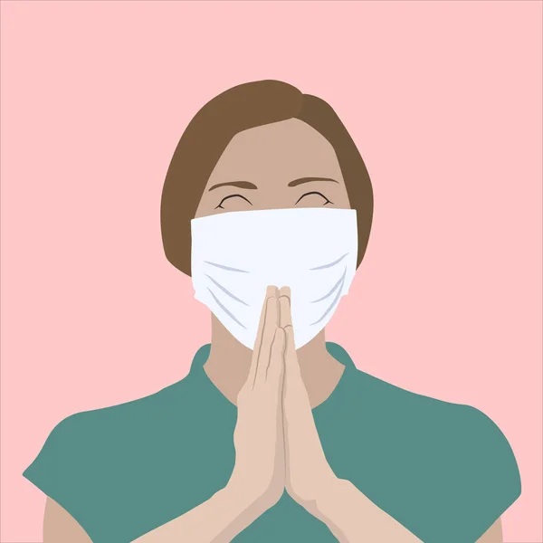 治療のために祈る若い女性の現実的なイラスト 医療マスクを身に着けています — ストックベクタ