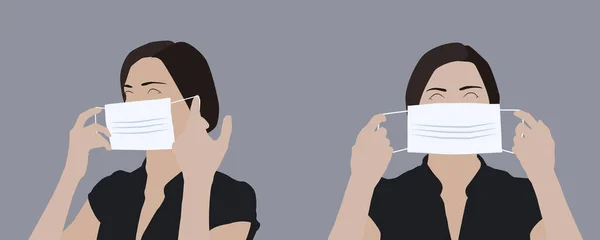 Realistická Ilustrace Mladé Ženy Jak Nasazuje Lékařskou Masku Boční Přední — Stockový vektor