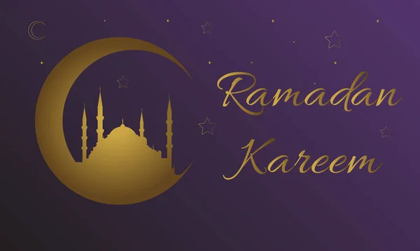 Ramadan Kareem Meddelande Med Blå Moské Siluett Halvmåne Över Lila — Stock vektor