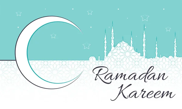Ramadan Kareem Meddelande Med Blå Moské Siluett Och Halvmåne Över — Stock vektor