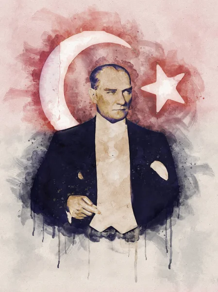 Akwarelowy Portret Ilustracji Mustafa Kemal Ataturk — Zdjęcie stockowe
