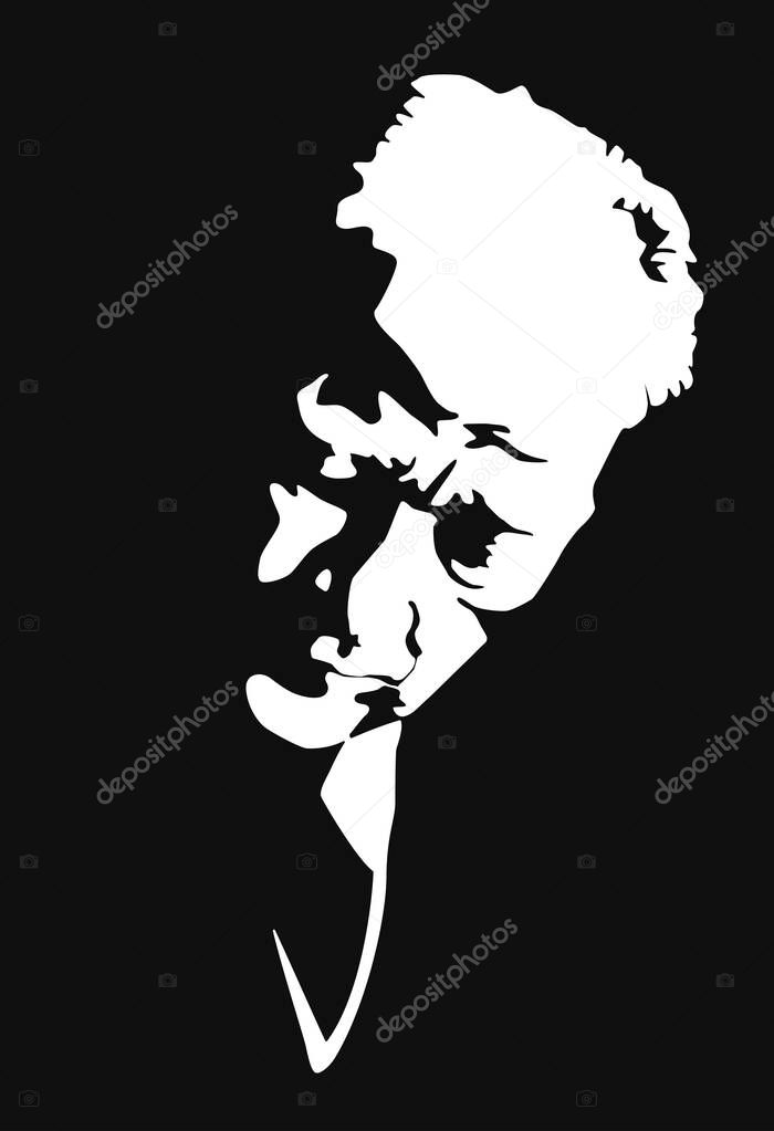 Portrait of Mustafa Kemal Ataturk the founder of Republic of Turkey, Black and white vector illustration