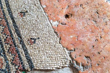 Roma Katolik Kilisesi 'nin eski renkli mozaik zemini Sahip Flevit. Parça, detaylar. Kudüs, İsrail