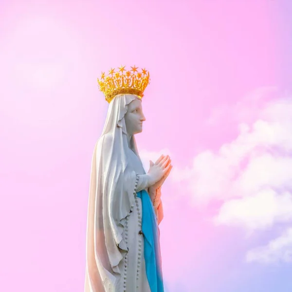 Statue de Vierge Marie sur fond de ciel rose. Statue de Notre-Dame, fragment. Lourdes, France — Photo