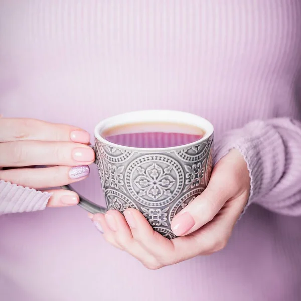 Beautiful Female Hands Holding Gray Cup Tea Pale Purple Violet — Stock Photo, Image
