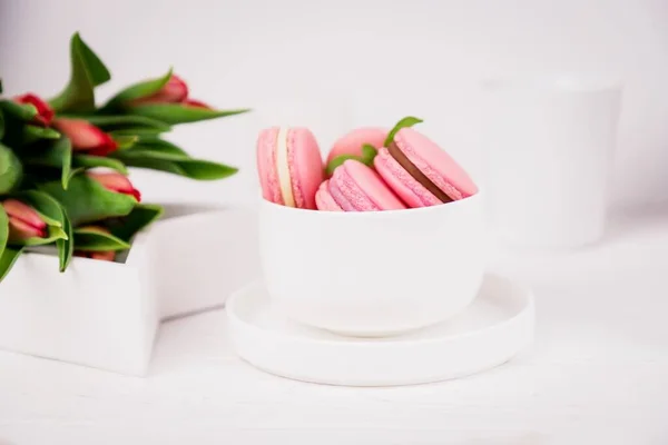 Homemade French Dessert Pink Macaroons Macarons Spring Tulips White Background — Stock Photo, Image