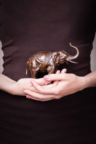 Hermosa Mano Femenina Sosteniendo Figura Marrón Elefante Manicura Con Esmalte — Foto de Stock