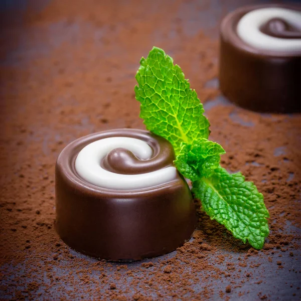Chocolate candies and mint leaf on cocoa powder background