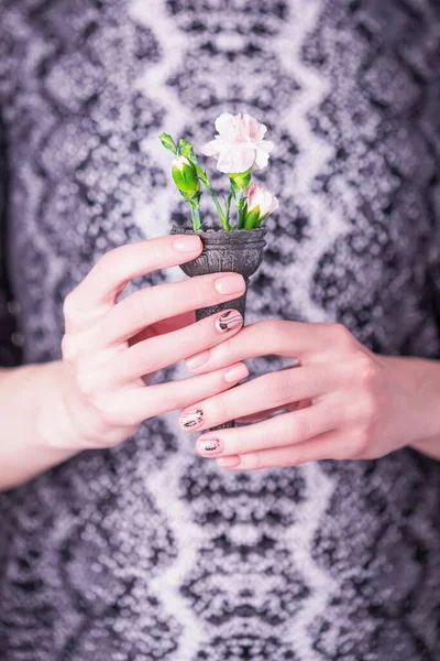 Manos Femeninas Sosteniendo Flores Clavel Rosa Pálido Cono Gofre Negro — Foto de Stock