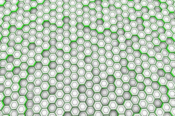 Streszczenie tło wykonane z białych sześciokątów z boków świecące zielone — Zdjęcie stockowe