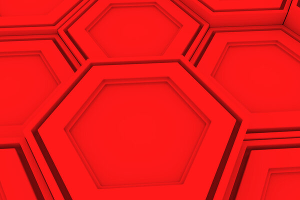 Abstract background made of red hexagons, wall of hexagons, 3d render illustration