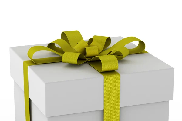 Caixa de presente branco com laço de fita amarela — Fotografia de Stock