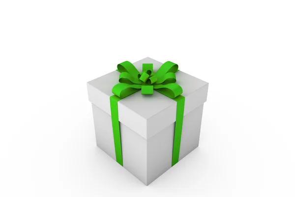Boîte cadeau blanche avec ruban vert noeud — Photo