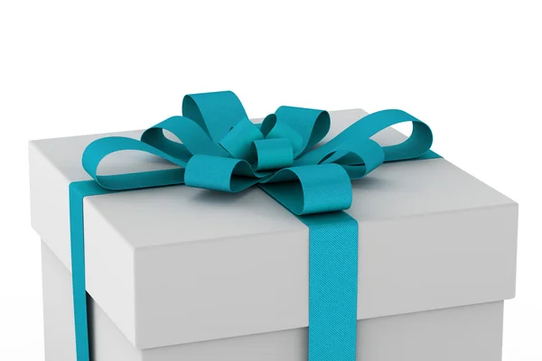 Bílé dárkové krabice s mašlí světle modrá stuha — Stock fotografie