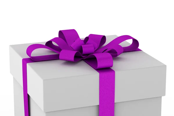 Caixa de presente branco com laço de fita violeta — Fotografia de Stock