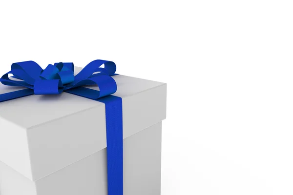 Біла подарункова коробка з блакитним стрічковим бантом — стокове фото