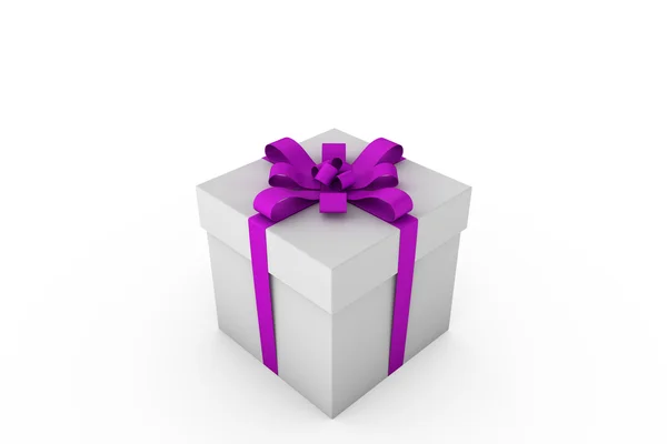Біла подарункова коробка з фіолетовим стрічковим бантом — стокове фото