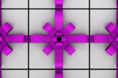 Mor şerit yay ile beyaz hediye kutuları