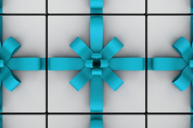 Hafif mavi şerit yay ile beyaz hediye kutuları