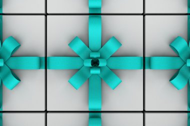 Mavi şerit yay ile beyaz hediye kutuları